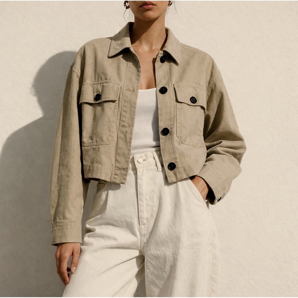 Zara Linen Blend Cropped Utility Jacket Beige Button Front Shacket XS